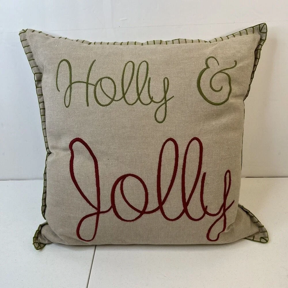 Holly Jolly Christmas Cotton Throw Toss Pillow Embroidered Khaki Green‎ Crimson